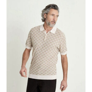 Wax London Sanza Geo Jacquard Wool Knit Polo Shirt L Natural Preppy Coastal